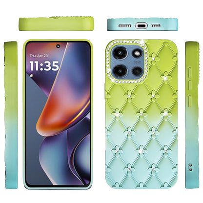 For Motorola Moto G Play 5G 2026 Fashion Flower Design Sparkle Glitter Shimmer Rhinestone Bling Floral Accents, Leather Texture TPU Case Cover Yellow/Green