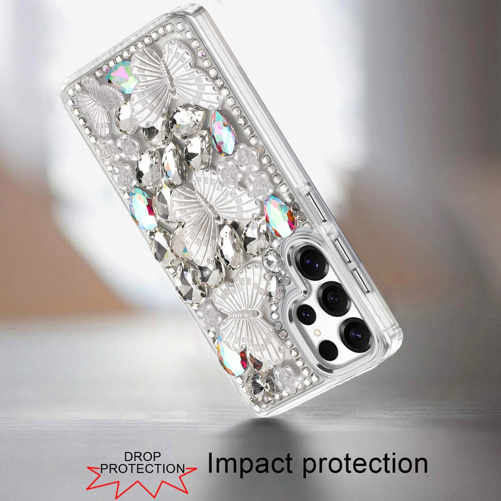 For Apple iPhone 12 Pro Max 3D Diamond Floral Butterfly Bling Stone Hybrid, Sparkly Rhinestone Gemstone Back Shockproof Case Cover