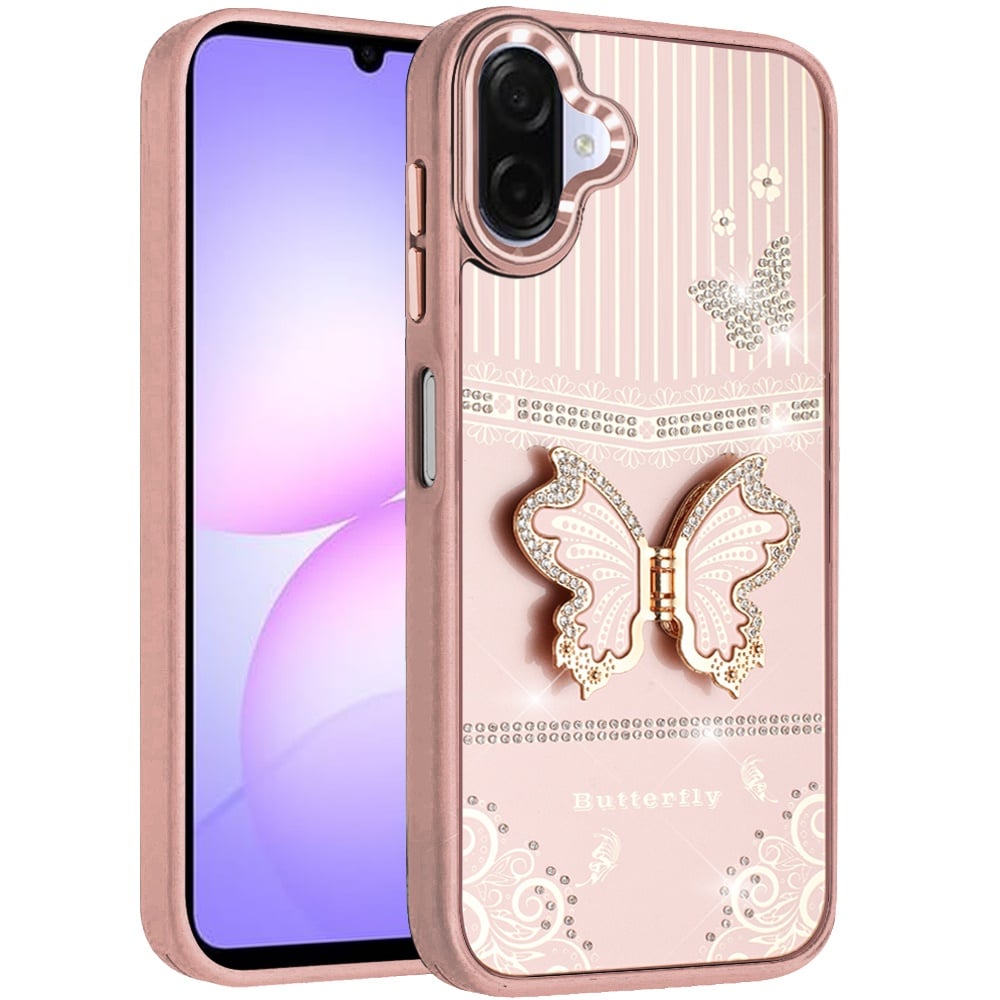 For Samsung Galaxy A07 Glitter 3D Butterfly Design Bling Metallic Edge Hybrid Stand Drop Protection TPU Shockproof Case Cover