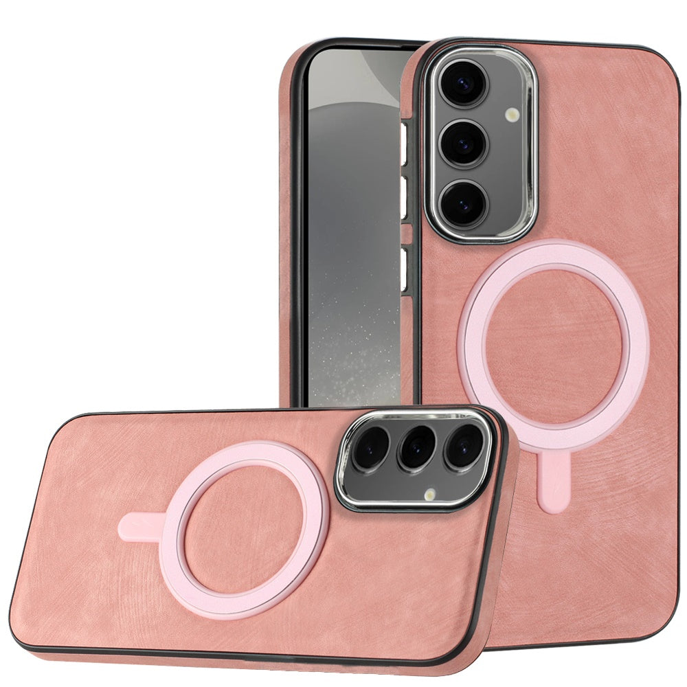 For Samsung Galaxy S25 Ultra Fashion PU Vegan Leather Chrome Edge Hybrid, MagSafe Compatible, Durable TPU Hard PC Case Cover