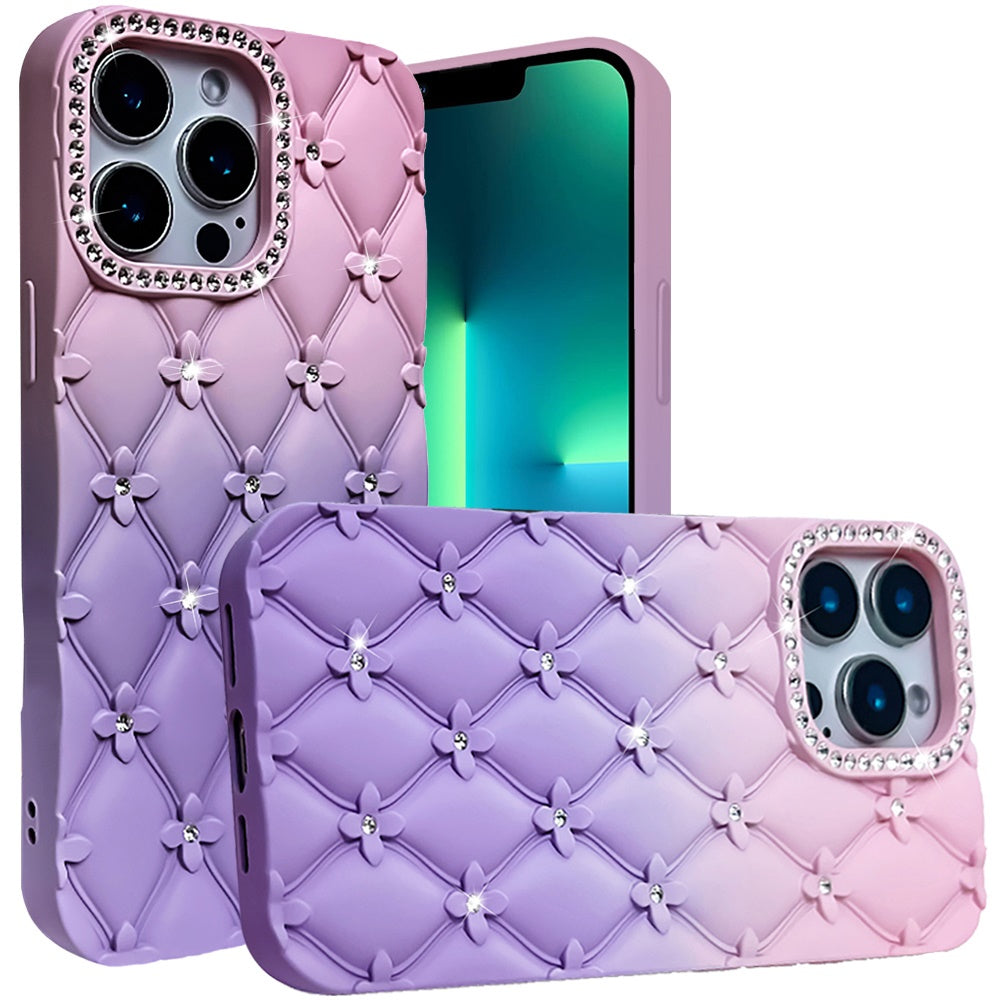 For Apple iPhone 13 Pro Fashion Flower Design Sparkle Glitter Shimmer Rhinestone Bling Floral Accents, Leather Texture TPU Case Cover Light Pink/Light Purple