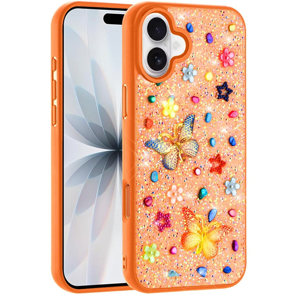 Phone Case for Apple iPhone 17 3D Butterfly Diamond Bling Glitter Shockproof Stylish Protective Luxury Hybrid Sparkly Durable Grip Design Cover Cosmic Orange