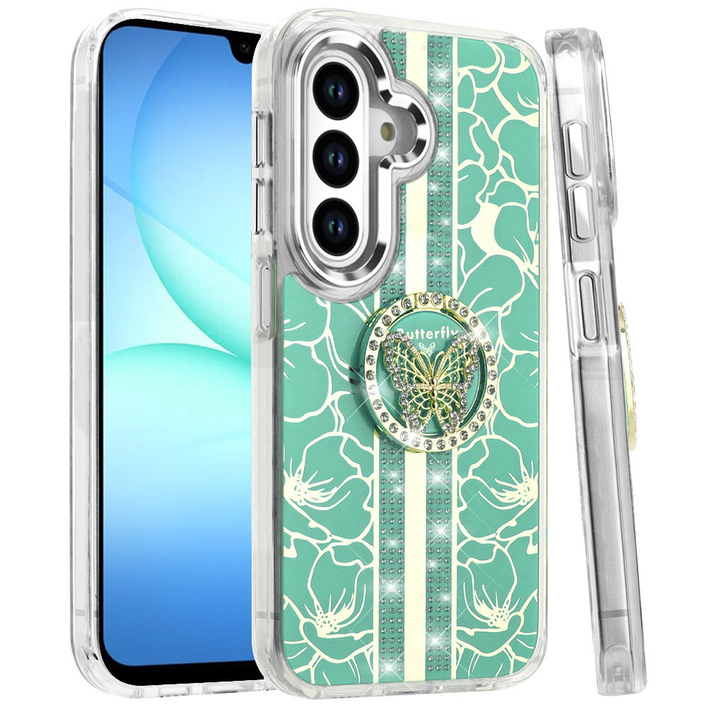 For Samsung Galaxy S25 Fan Edition /Galaxy S25 FE Diamonds 3D Butterfly Floral Design Bling Sparkly Glitter Hybrid Metal Fashion with Ring Stand Case Cover