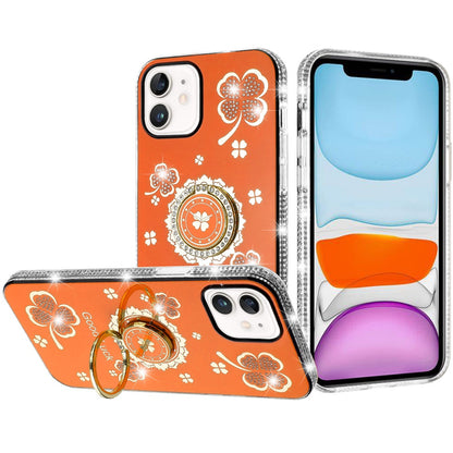 For Apple iPhone 11 Diamonds Bling All Around Edges Sparkly Glitter Hybrid with Ring Stand Holder Fashion Good Luck Case Cover Cosmic Orange
