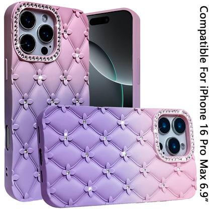 For iPhone 16 Pro Max (6.9") Fashion Flower Design Sparkle Glitter Shimmer Rhinestone Bling Floral Accents, Leather Texture TPU Case Cover