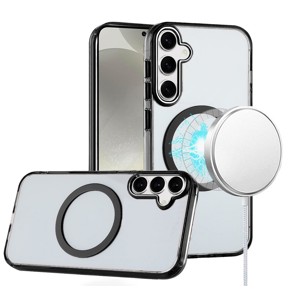For Samsung Galaxy A37 Transparent Back Hybrid Case - Magnetic Circle, Color Frame, Metal Buttons, MagSafe Compatible Case Cover Black