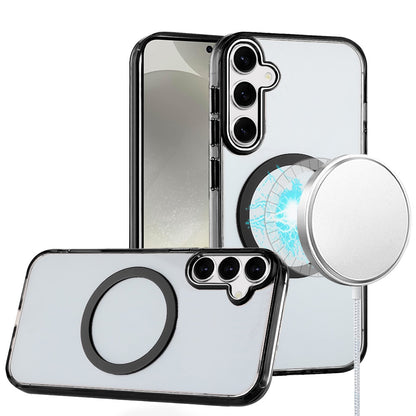 For Samsung Galaxy A37 Transparent Back Hybrid Case - Magnetic Circle, Color Frame, Metal Buttons, MagSafe Compatible Case Cover Black