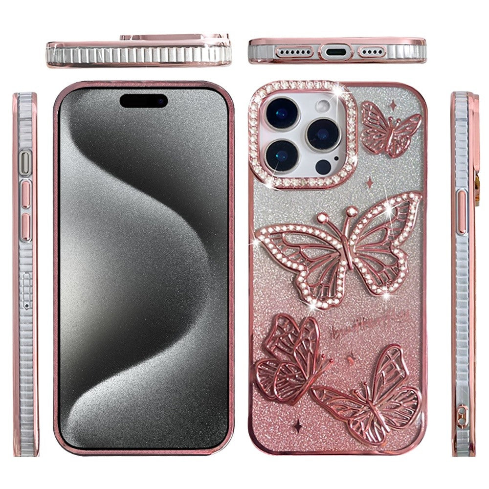 For Apple iPhone 17E /16E Luxury Butterfly Sparkle Glitter Diamond Crystal Rhinestone Shimmer Bling Plating Thick TPU Hard PC Case Cover Rose Gold