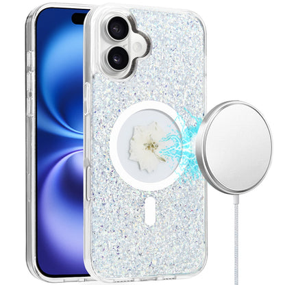 For iPhone 16 (6.1") MagSafe Compatible Glitter Flower Epoxy Hybrid Slim TPU Case, Magnetic Circle Design, Sparkly Bling Protective Case Cover Silver
