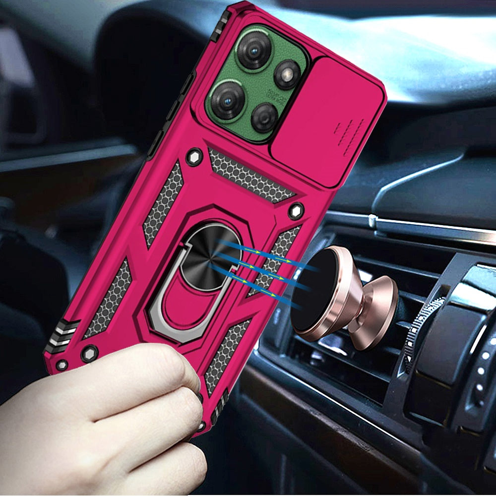 For Motorola Moto G 5G 2025 Hybrid Ring Shockproof with 360° Rotate Ring Kickstand, Camera Lens Protection, Soft Edge Bumper Case Cover Hot Pink