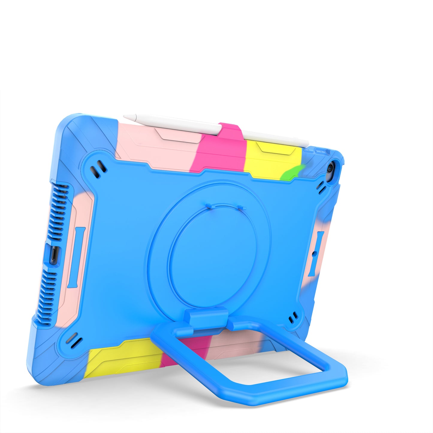 For Tough Hybrid 3 in 1 Case with 180° Rotating Kickstand, Adjustable Shoulder Strap, Shockproof TPU Rubber PC Rainbow /Blue Tablet Case Cover