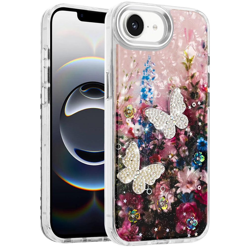 For Apple iPhone 16e Epoxy Glitter Flowers Bling 3D Butterfly Fashion TPU Hybrid with Shockproof Protection Case Cover