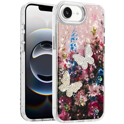 For Apple iPhone 16e Epoxy Glitter Flowers Bling 3D Butterfly Fashion TPU Hybrid with Shockproof Protection Case Cover