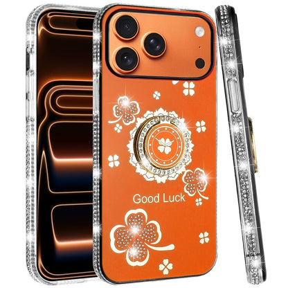 For Apple iPhone 17 Pro Max (6.9") Diamonds Bling All Around Edges Sparkly Glitter Hybrid with Ring Stand Holder Fashion Good Luck Case Cover
