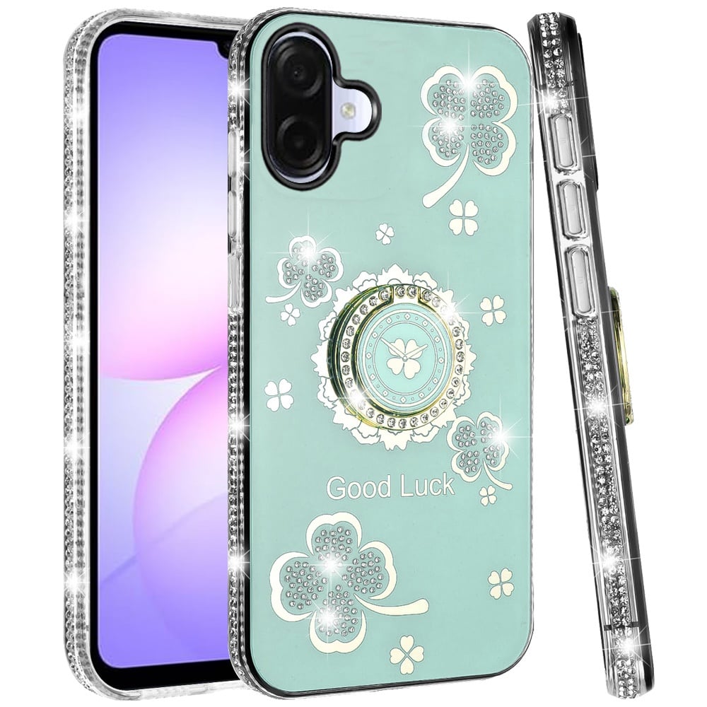 For Samsung Galaxy A07 Diamonds Bling All Around Edges Sparkly Glitter Hybrid with Ring Stand Holder Fashion Good Luck Case Cover