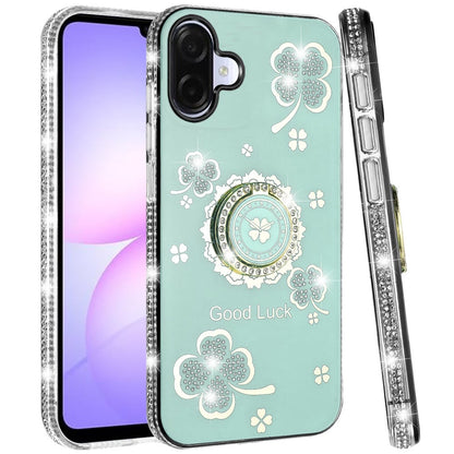 For Samsung Galaxy A07 Diamonds Bling All Around Edges Sparkly Glitter Hybrid with Ring Stand Holder Fashion Good Luck Case Cover