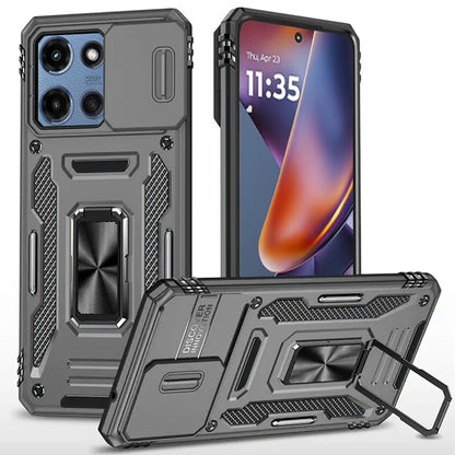 For Motorola Moto G 5G 2025 Tough Hybrid Case with Movable Camera Window & Metal Ring Stand Shockproof Case Cover