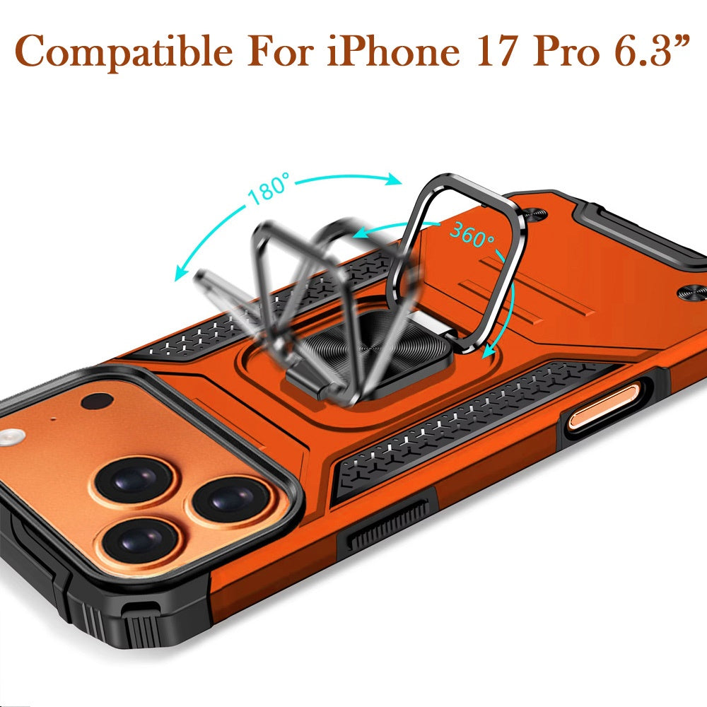 For Apple iPhone 17 Pro Armor Hybrid Magnetic Stand with Ring Holder Kickstand Shockproof Heavy-Duty Durable Rugged TPU Dual Layer Case Cover Cosmic Orange