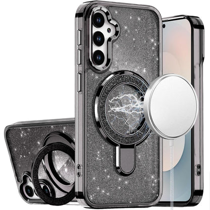 For Samsung Galaxy S26 Transparent Glitter Bling Case with Rotating Magnetic Ring Stand, Shockproof Hybrid Case Cover