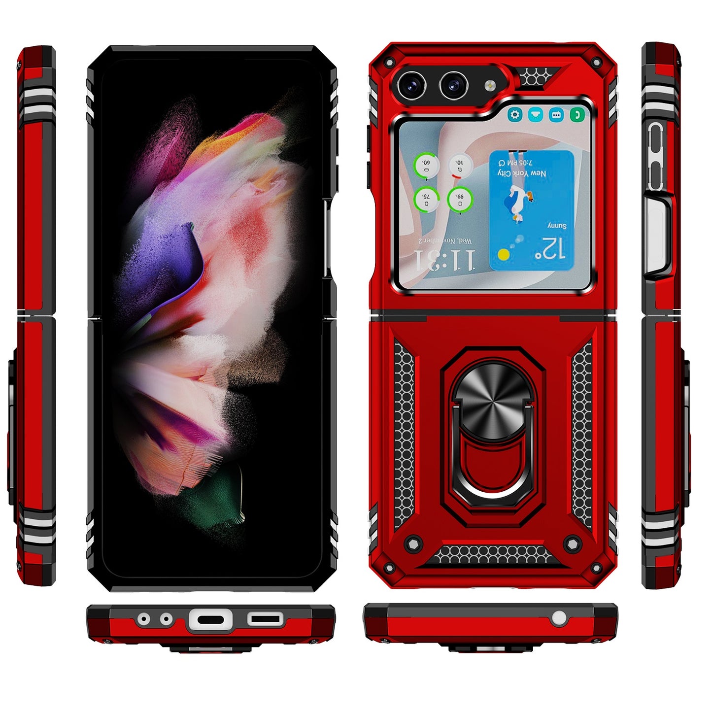 For Samsung Galaxy Z Flip 7 FE Hybrid Shockproof Protective with Magnetic 360° rotating Ring Kickstand, TPU Rubber PC Case Cover Red