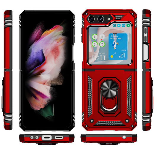 For Samsung Galaxy Z Flip 7 FE Hybrid Shockproof Protective with Magnetic 360° rotating Ring Kickstand, TPU Rubber PC Case Cover Red