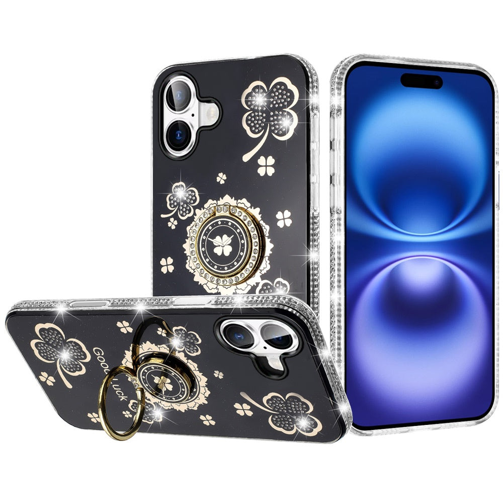 For Apple iPhone 17 (6.3") Diamonds Bling All Around Edges Sparkly Glitter Hybrid with Ring Stand Holder Fashion Good Luck Case Cover