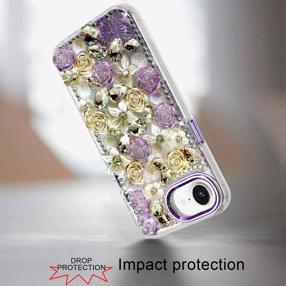 3D Diamond Floral Roses Flower Bling Stone Hybrid, Sparkly Rhinestone Gemstone Back Shockproof