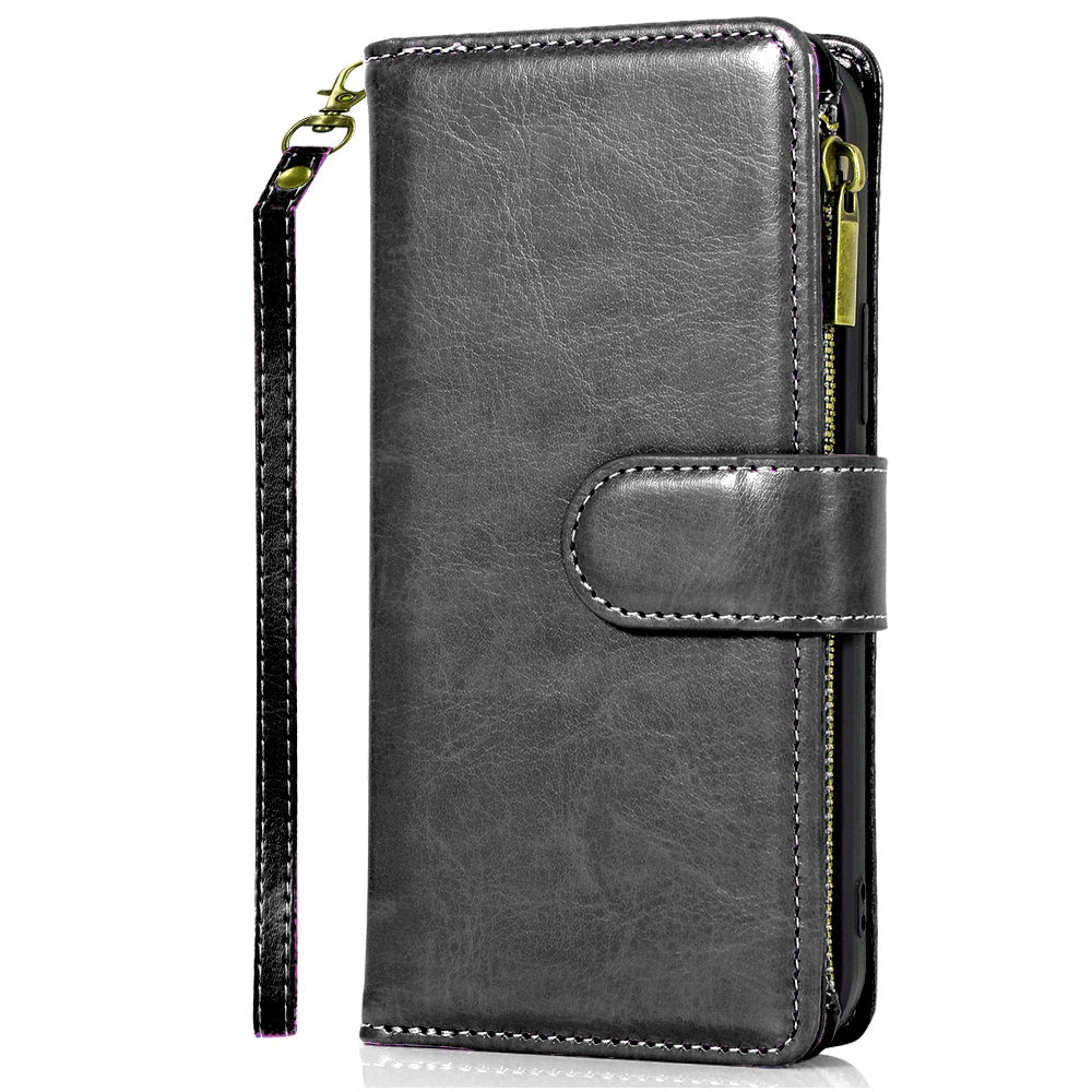 For Samsung Galaxy S25 EDGE Leather Wallet Case with Zipper, 9 Card Slots, Cash Pocket, Stand & Strap, Clutch Pouch Design Case Cover Black