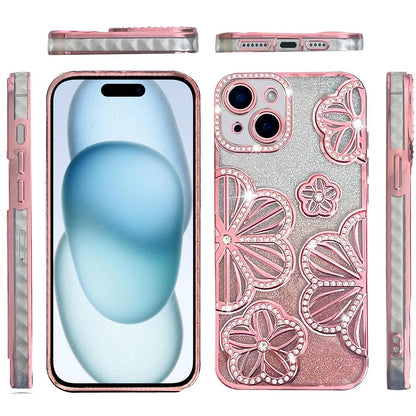 Phone Case for iPhone 15 (6.1") Shimmer Glitter Floral Thick TPU Shockproof Durable Grip Camera Protection Anti-Scratch Stylish Design Cover Rose Gold