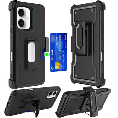 For Apple iPhone 16 (6.1") Armor Shockproof Belt Clip Holster with Credit Card Holder, Kickstand Protective Full Body Heavy Duty Hybrid Case Cover Black