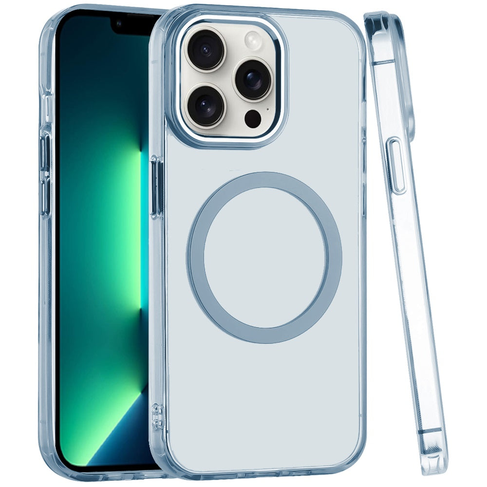 For Apple iPhone 13 Pro Max Transparent Back Hybrid Case - Magnetic Circle, Color Frame, Metal Buttons, MagSafe Compatible Case Cover