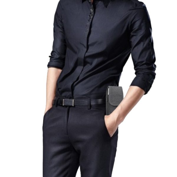 For Apple iPhone 16 Pro (6.3") Universal Vertical Fabric Case Holster with Dual Credit Card Slots, Belt Loop & Carabiner Carrying Phone Pouch [Black]