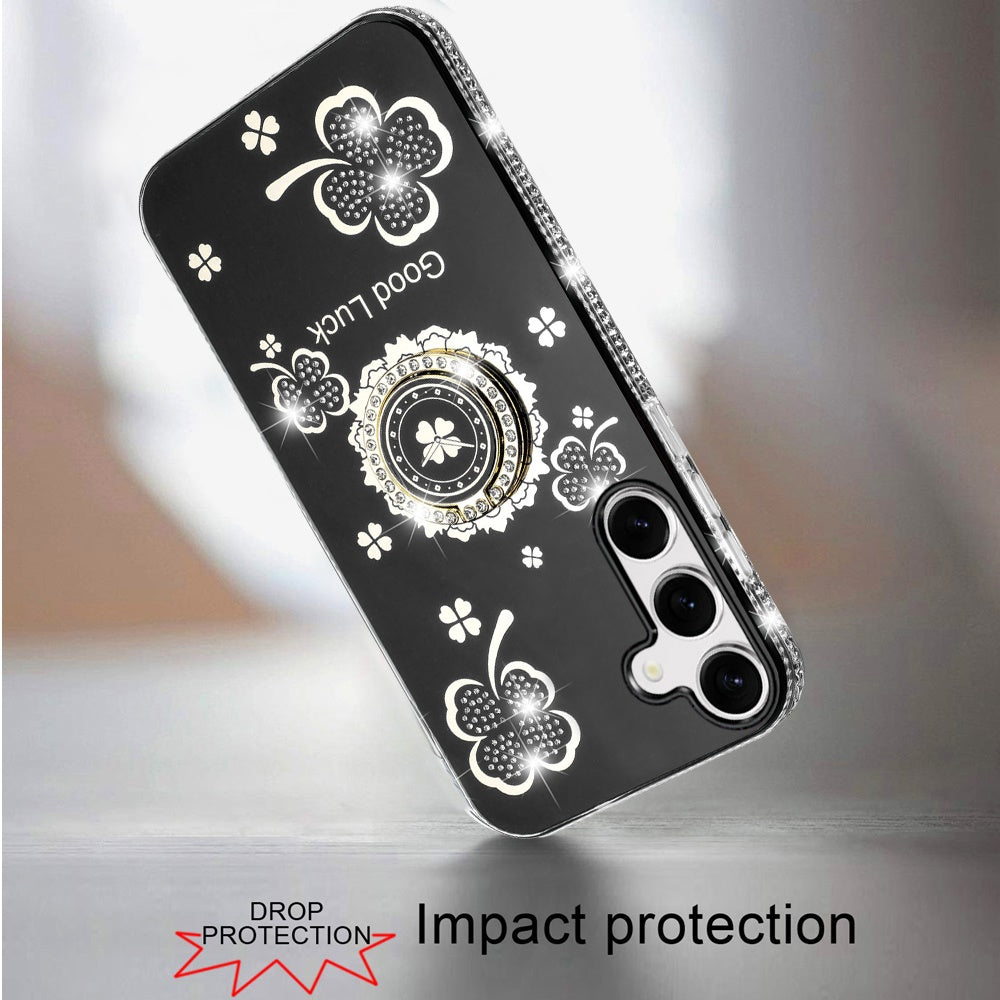 For Samsung Galaxy S26+ / S26 Plus Diamonds Bling All Around Edges Sparkly Glitter Hybrid with Ring Stand Holder Fashion Good Luck Case Cover