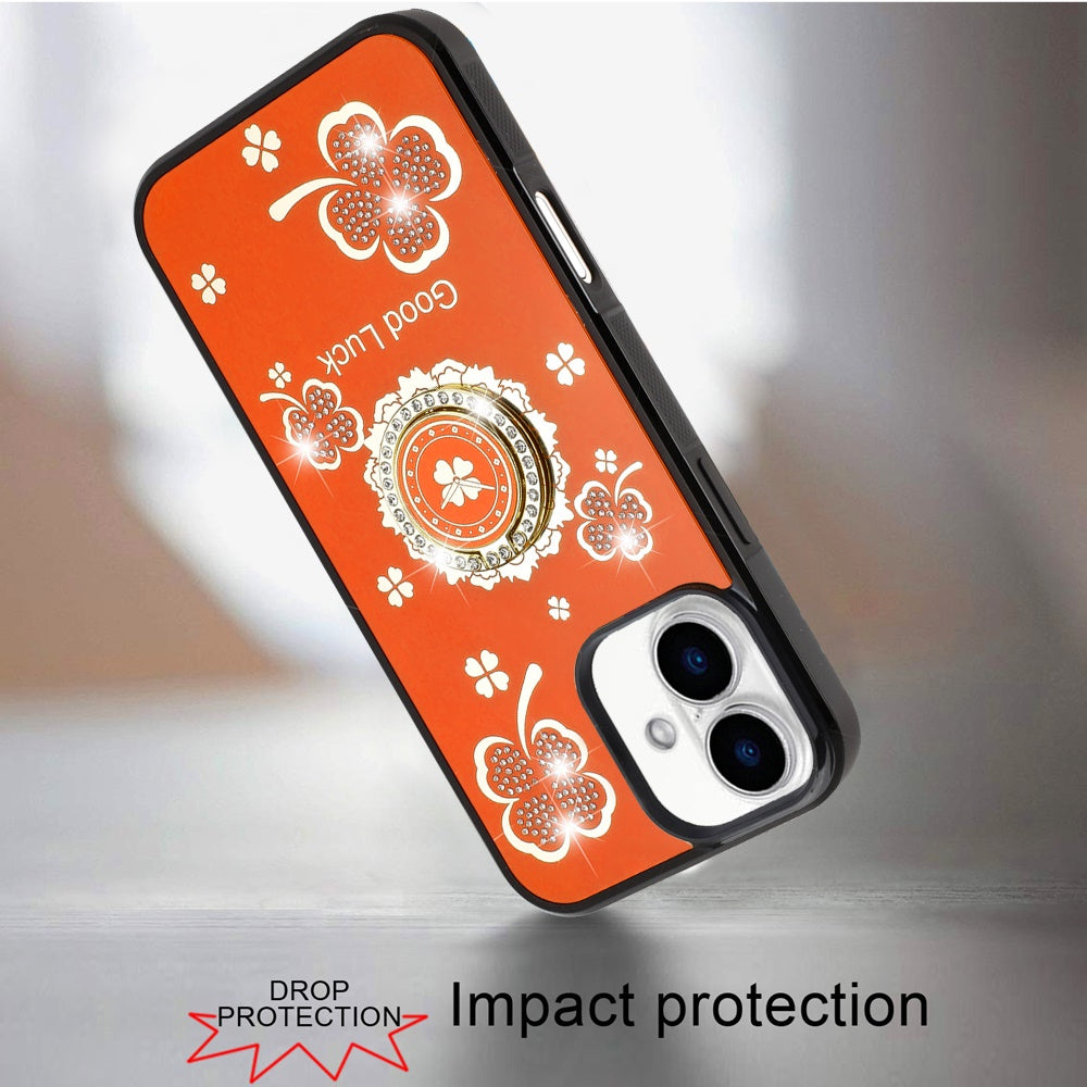 For Apple iPhone 17 (6.3") Diamonds 3D Fashion Bling Sparkly Glitter Ornaments Engraving Hybrid with Ring Stand Case Cover