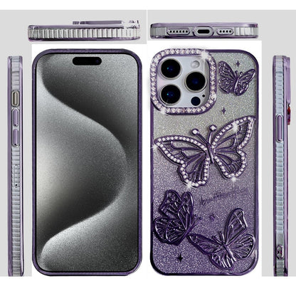 For Apple iPhone 15 Pro Max Luxury Butterfly Sparkle Glitter Diamond Crystal Rhinestone Shimmer Bling Plating Thick TPU Hard PC Case Cover Purple