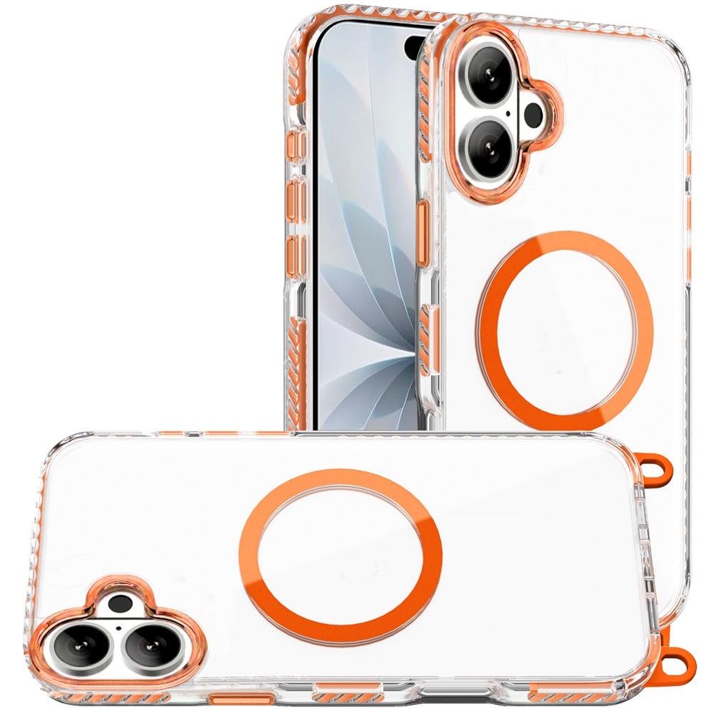 Phone Case for Apple iPhone 17 Transparent Magnetic Lanyard Shockproof Hybrid Clear Grip Durable Camera Protection TPU Anti-Slip Design Cover Cosmic Orange