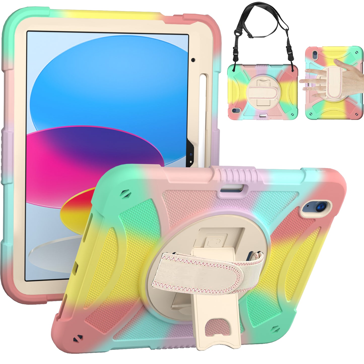 For 3-in-1 Tough Hybrid Shockproof Protector Silicone TPU with Pencil Holder, Kickstand, Hand & Shoulder Strap Colorful Rainbow Tablet Case Cover