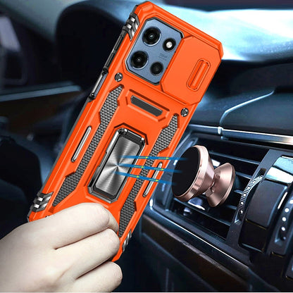 For Motorola Moto G 5G 2026/2025 Tough Hybrid Case with Movable Camera Window & Metal Ring Stand Shockproof Case Cover Cosmic Orange