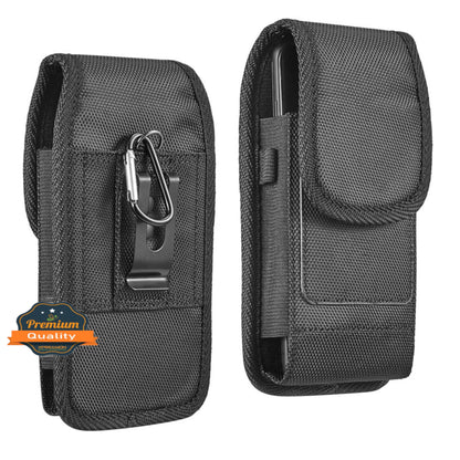 For Apple iPhone 16 (6.1") Vertical Nylon Canvas Holster Universal Cell Phone Pouch Velcro Closure with Credit Card Slot & Belt Clip Loop Carabiner [Black]