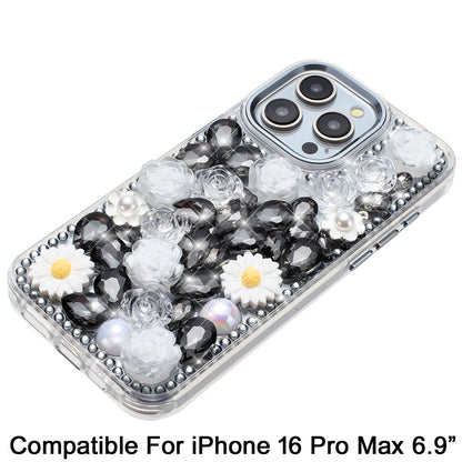 Phone Case for Apple iPhone 16 Pro Max Full Bling Rhinestone Glitter Floral Luxury Hybrid Shockproof Stylish Sparkling Protective Designer Ornament Cover