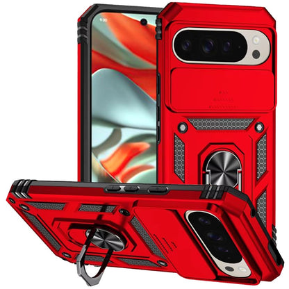 For Google Pixel 9 Pro XL Hybrid Ring Shockproof with 360° Rotate Ring Kickstand, Camera Lens Protection, Soft Edge Bumper Case Cover Red