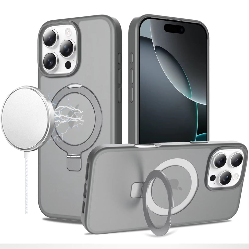Phone Case for Apple iPhone 16 Pro Max Magnetic Ring Stand Full Rotation Matte Shockproof Grip Anti Slip Durable Camera Protection Hybrid Cover Grey