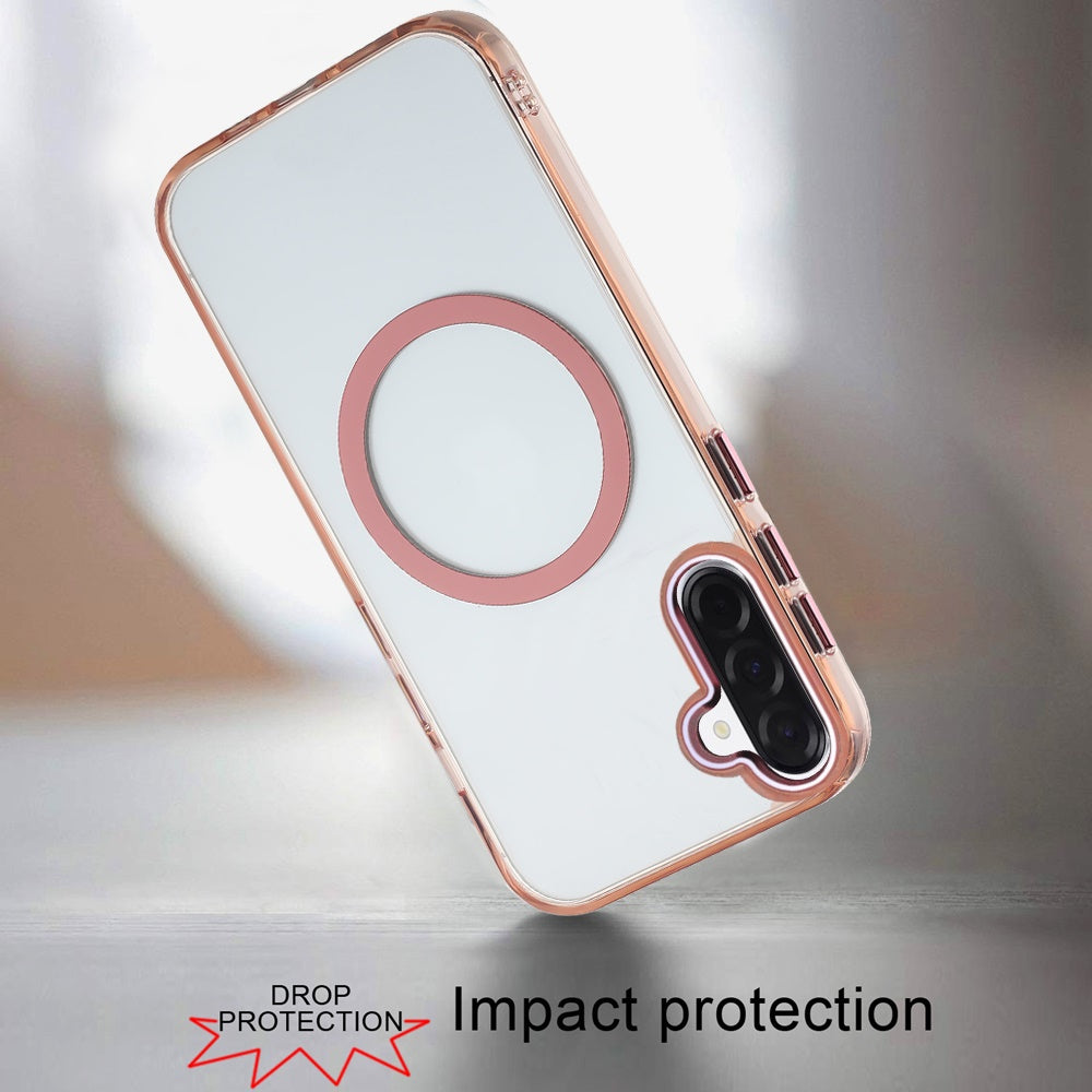 For Samsung Galaxy A37 Transparent Back Hybrid Case - Magnetic Circle, Color Frame, Metal Buttons, MagSafe Compatible Case Cover Rose Gold