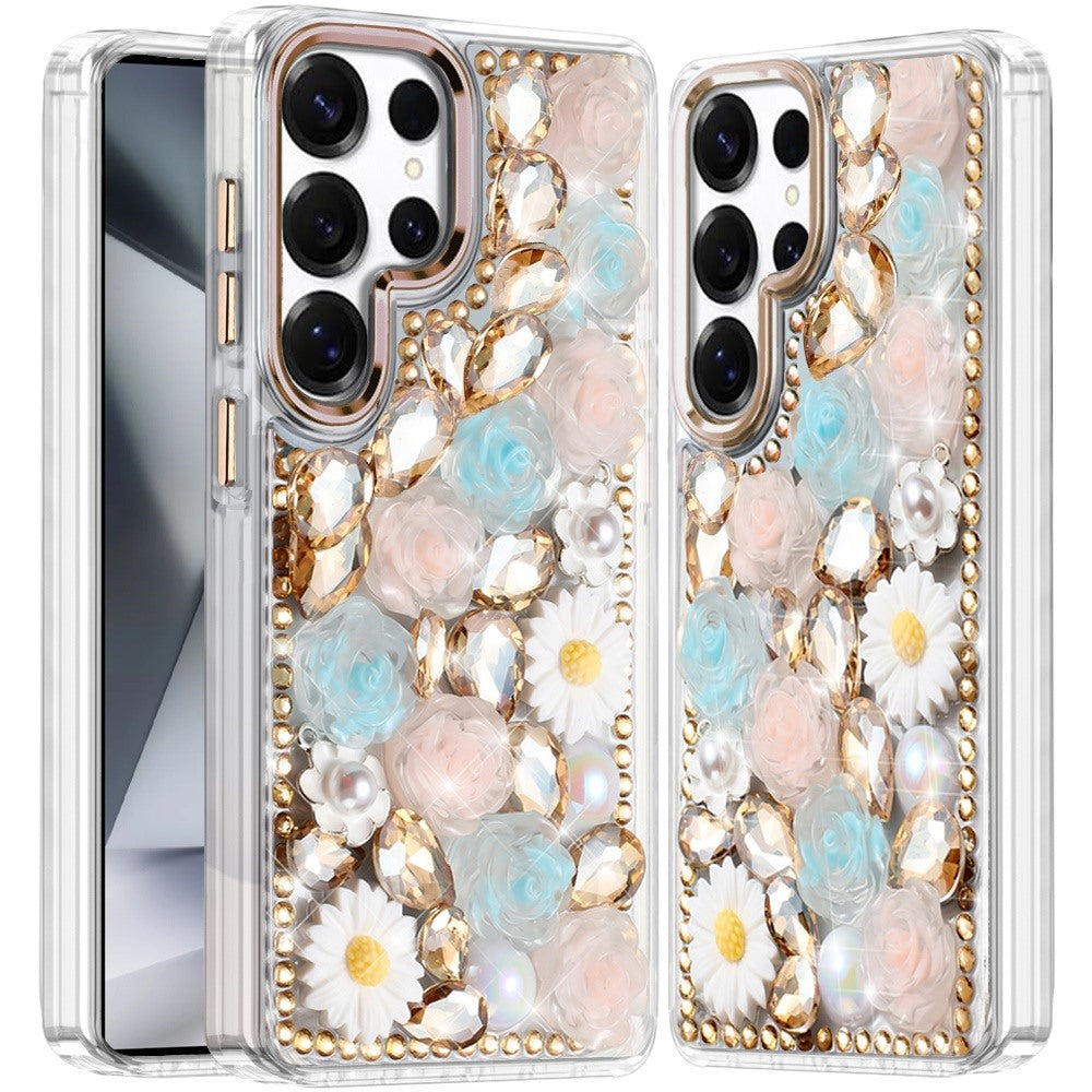 For Samsung Galaxy S26+ / S26 Plus Fashion Daisy Floral Series, Full 3D Bling Crystal Diamonds Sparkling Rhinestone Glitter Hybrid Design Case Cover