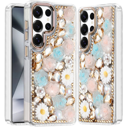 For Samsung Galaxy S26+ / S26 Plus Fashion Daisy Floral Series, Full 3D Bling Crystal Diamonds Sparkling Rhinestone Glitter Hybrid Design Case Cover