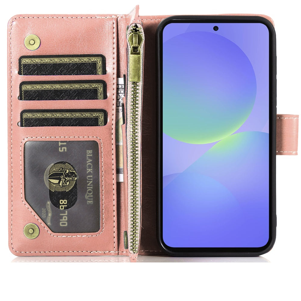 For Samsung Galaxy A37 Leather Wallet Case with Zipper, 9 Card Slots, Cash Pocket, Stand & Strap, Clutch Pouch Design Case Cover Rose Gold