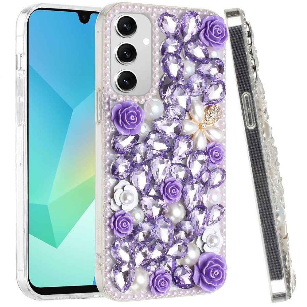 For Apple iPhone 17E /16E Fashion Rose Flower Floral, 3D Bling Crystal Full Diamonds Pearl Sparkle Rhinestone Glitter Hybrid Case Cover Purple