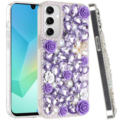 For Apple iPhone 17E /16E Fashion Rose Flower Floral, 3D Bling Crystal Full Diamonds Pearl Sparkle Rhinestone Glitter Hybrid Case Cover Purple