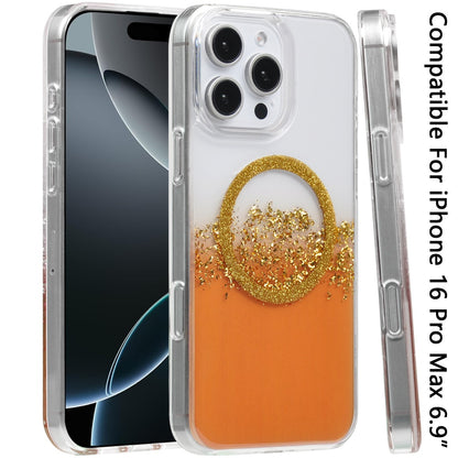 For Apple iPhone 16 Pro Max (6.9") Transparent Epoxy Glitter Magnetic Circle Compatible with MagSafe Hybrid Bling Sparkle Hard PC Slim TPU Case Cover