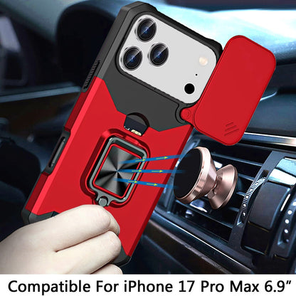 For Apple iPhone 17 Pro Max (6.9") Wallet Case with Ring Stand & Slide Camera Cover Back Credit Card Slot Holder, Military Grade Case Cover
